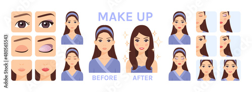 Portrait of Young Woman with Natural Beauty. Pretty Adult Girl with Makeup on Face. Steps. Before and After. Icons of Eye Lip Makeup. Set. Cartoon Color style. Vector illustration for Beauty Design