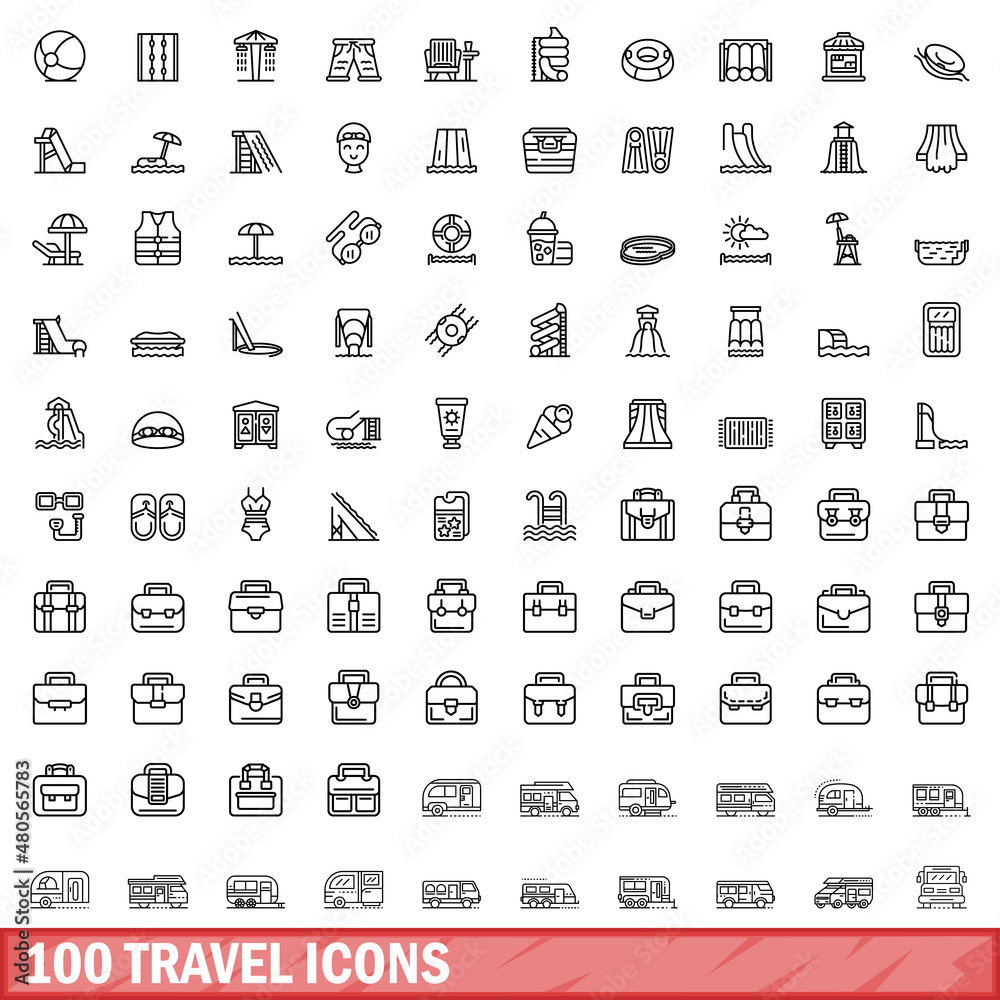100 travel icons set, outline style 100 travel icons set, outline style