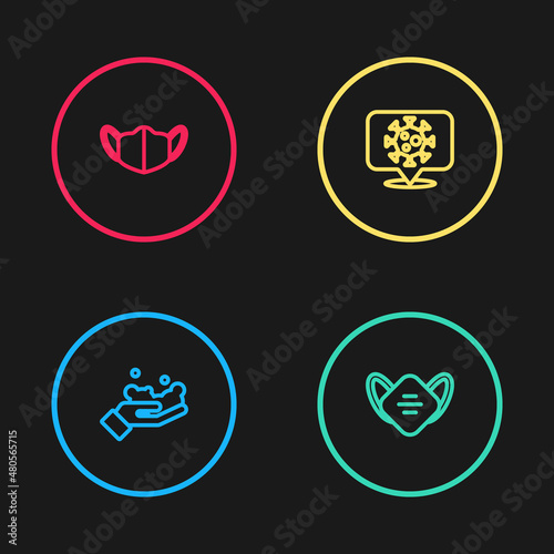 Set line Washing hands with soap, Medical protective mask, Corona virus on location and icon. Vector