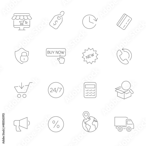 Online shopping related line icons isolated on white background