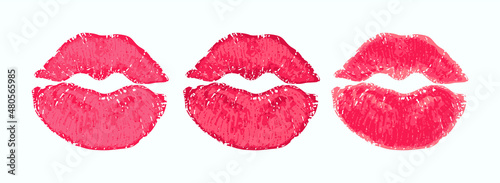 Pink Lipstick Print on a White background. Sweet Red Female Kiss. Painted Sexy Beauty Lips. Smooch. Lipstick Mark. Illustration for Romantic Valentine Day and Love design. White background. Vector.