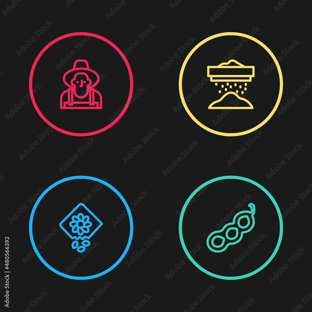 Set line Pack full of seeds of plant, Green peas, Sifting flour and Farmer the hat icon. Vector Set line Pack full of seeds of plant, Green peas, Sifting flour and Farmer the hat icon. Vector