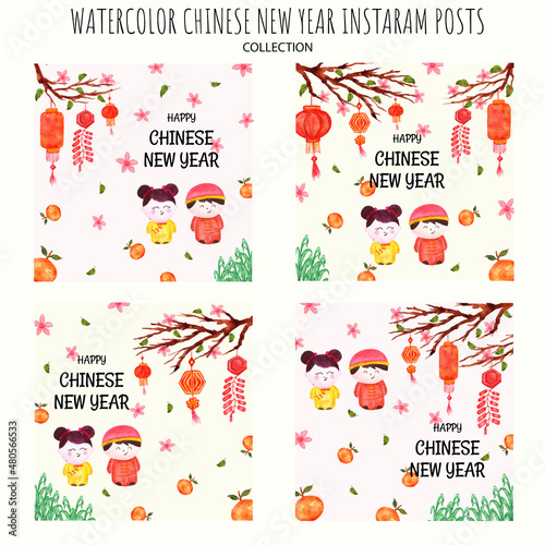 hand drawn set of chinese new year instagram post