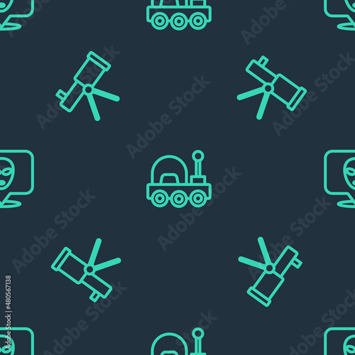 Set line Mars rover, Telescope and Alien on seamless pattern. Vector