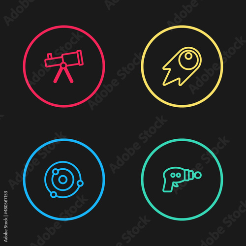 Set line Solar system, Ray gun, Comet falling down fast and Telescope icon. Vector