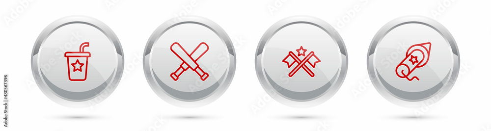 Set line Paper glass with straw, Crossed baseball bat, American flag and Firework. Silver circle button. Vector Set line Paper glass with straw, Crossed baseball bat, American flag and Firework. Silver circle button. Vector