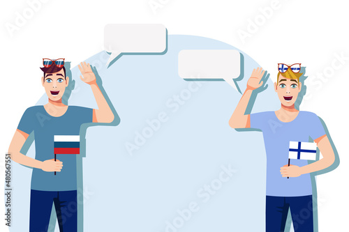 Men with Russian and Finnish flags. Background for text. Communication between native speakers of Russia and Finland. Vector illustration.
