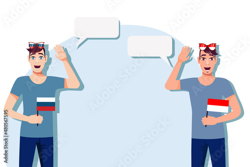 Men with Russian and Indonesian flags. The concept of international communication, education, sports, travel, business. Dialogue between Russia and Indonesia. Vector illustration.