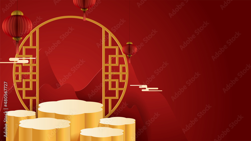 Abstract minimal mock up scene. podium for show product display. stage pedestal or platform. Chinese new year red and gold background. 3D vector Abstract minimal mock up scene. podium for show product display. stage pedestal or platform. Chinese new year red and gold background. 3D vector