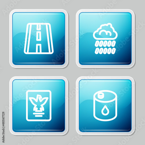 Set line Airport runway  Cloud with rain  Passport and Barrel oil icon. Vector
