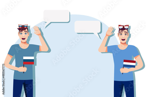 Men with Russian and Dutch flags. Background for the text. The concept of sports, political, education, travel and business relations between Russia and the Netherlands. Vector illustration.