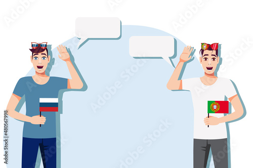 Men with Russian and Portuguese flags. The concept of international communication, education, sports, travel, business. Dialogue between Russia and Portugal. Vector illustration.