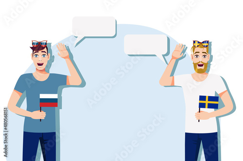 Men with Russian and Swedish flags. The concept of international communication, education, sports, travel, business. Dialogue between Russia and Sweden. Vector illustration.