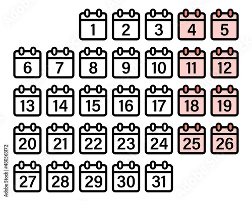 Set of calendar symbols.Calendar number 1-31 flat icon.Calendar date schedule line icon set on a white background.Appointment schedule flat icon