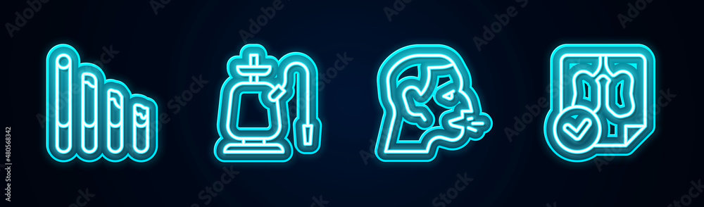 Set line Smoking cigarette, Hookah, Man coughing and Lungs x-ray diagnostics. Glowing neon icon. Vector Set line Smoking cigarette, Hookah, Man coughing and Lungs x-ray diagnostics. Glowing neon icon. Vector