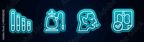 Set line Smoking cigarette, Hookah, Man coughing and Lungs x-ray diagnostics. Glowing neon icon. Vector