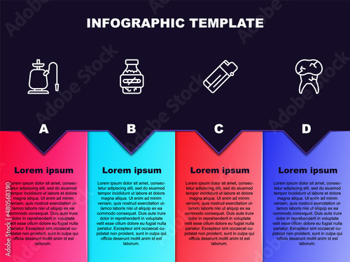 Set line Hookah, Nicotine gum in blister pack, Lighter and Tooth with caries. Business infographic template. Vector