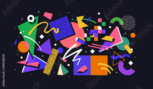 Colorful 90s style geometric shape set. Trendy flat cartoon illustration collection with retro decoration. Nostalgic zig zag lines, triangle element and 80s fashion texture. photo