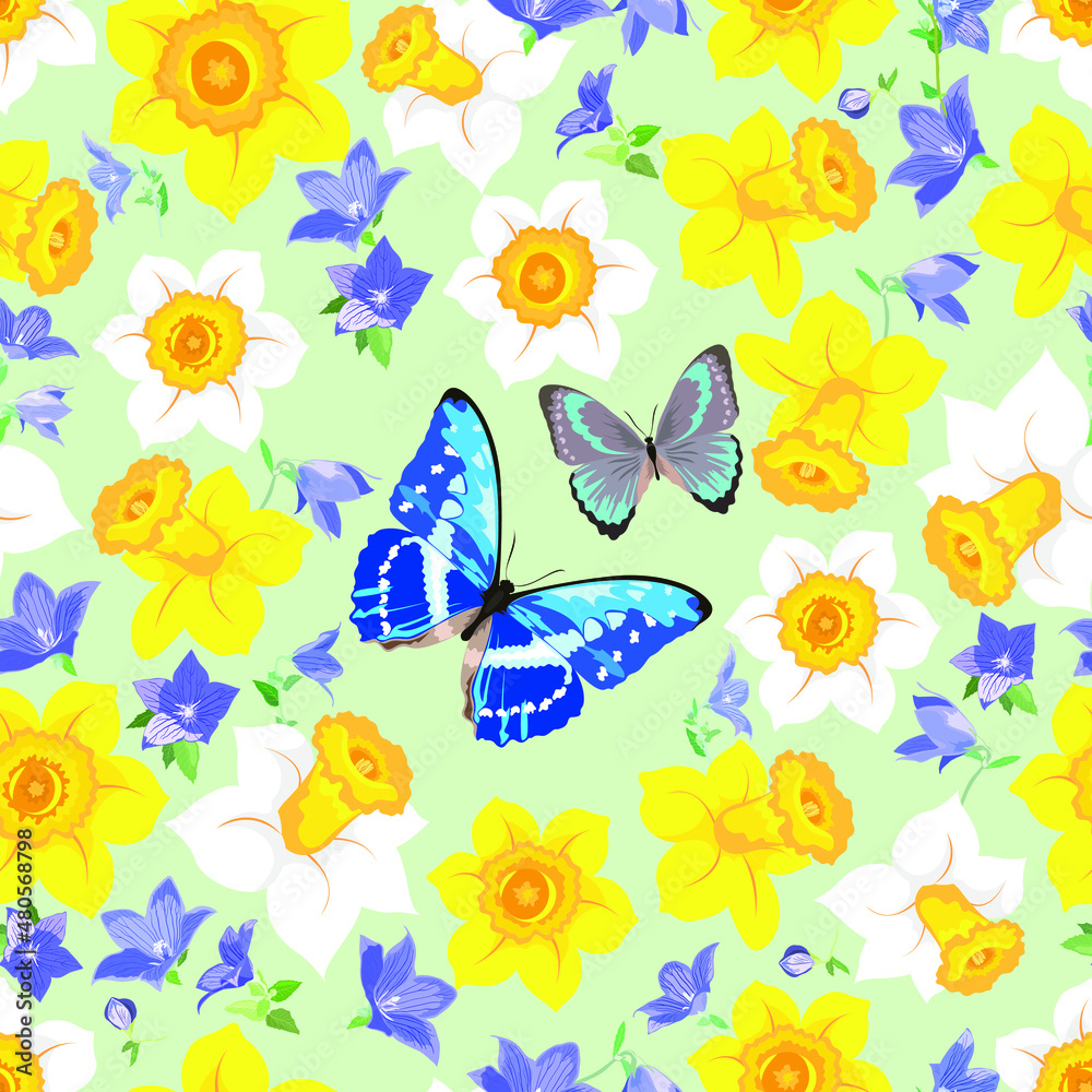 Seamless pattern with bellflowers, daffodils and butterflies on a pale green background