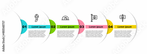 Set line Psilocybin mushroom, Tourist tent, Flag peace and Peace. Business infographic template. Vector