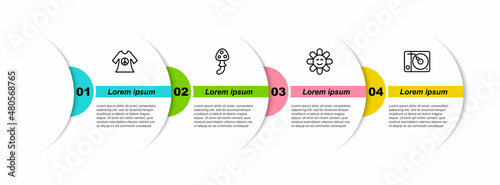 Set line Peace dress print stamp, Psilocybin mushroom, Flower and Vinyl player. Business infographic template. Vector