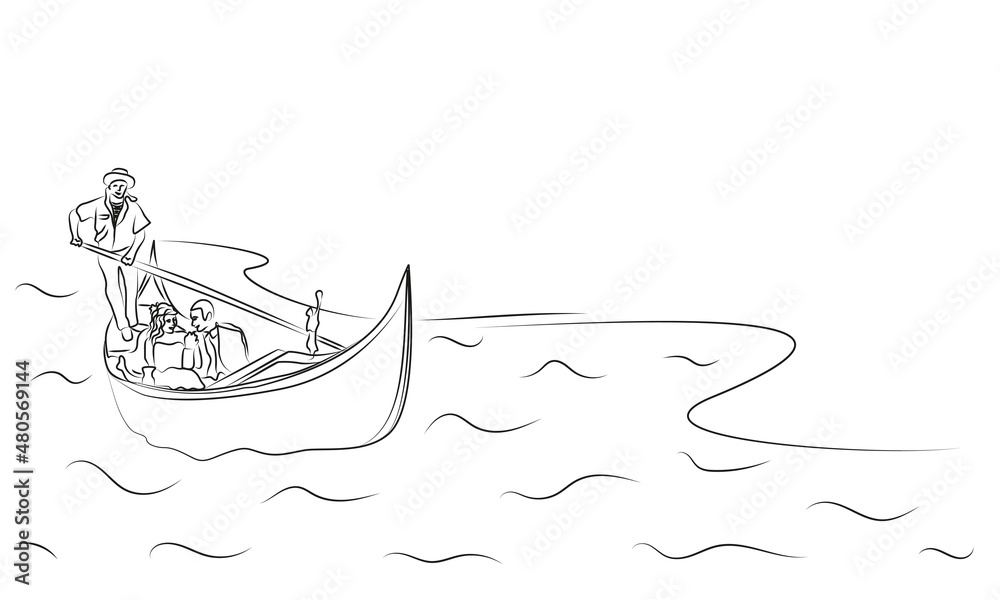 Hand drawn rough black and white sketch of a gondolier carrying a couple in love on a gondola in Venice, Italy. Vector line illustration of the Italian landmark. Background with copy space