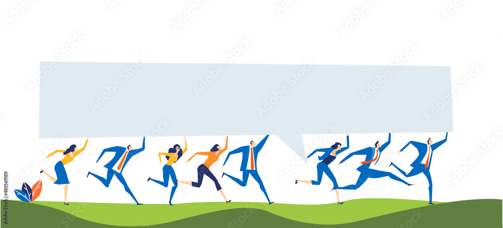 Lots of business people running with the big banner with space for your text Lots of business people running with the big banner with space for your text