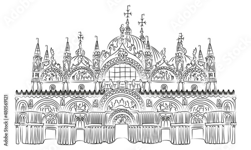 Hand-drawn rough black and white sketch of Patriarchal Cathedral Basilica of Saint Mark in Venice, Italy. Vector line illustration of the Italian landmark