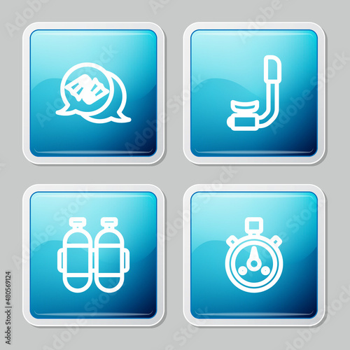 Set line Flippers for swimming, Snorkel, Aqualung and Stopwatch icon. Vector