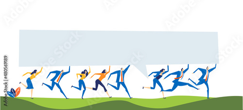 Lots of business people running with the big banner with space for your text
