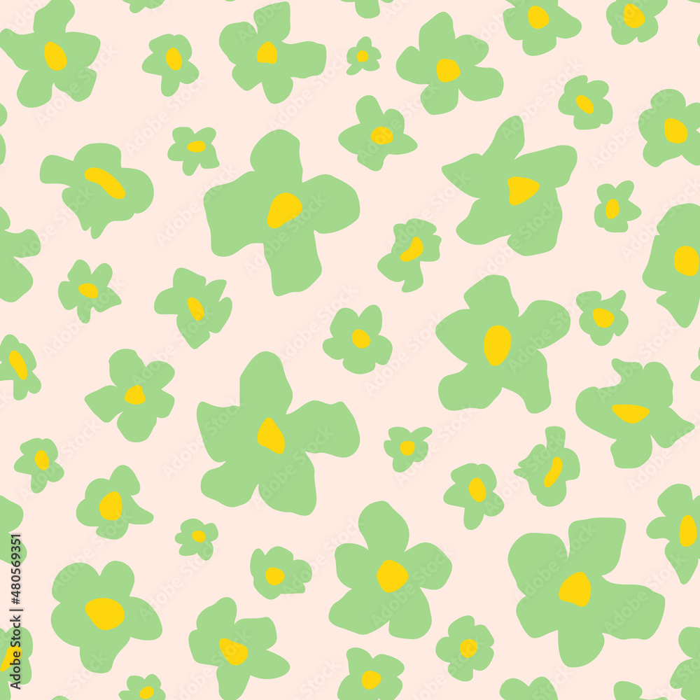 Distracted retro flowers seamless repeat pattern. Random placed, vector flower power hippie ditsy daisies all over surface print.