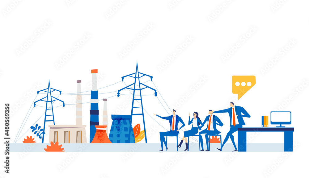 Business people calculating the cost of energy and developing program. High-voltage power line and electricity power station in an industrial area. Energy supply, energy crisis. 
