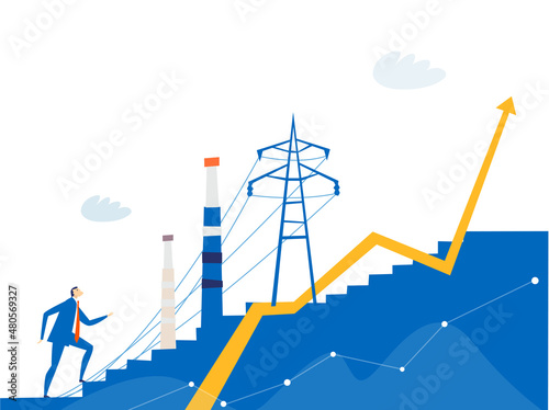 Businessman looking over the High-voltage power line and electricity power station in an industrial area. Energy supply, energy crisis. alternative energy needs 