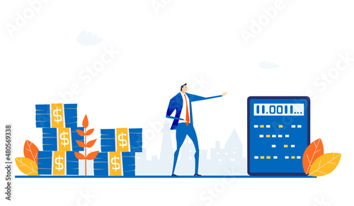 Successful businessman, banker with lots of money and calculator. Calculating profit, safe investment strategy, advisory 
