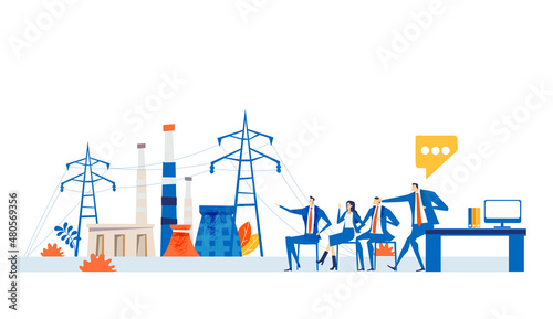 Business people calculating the cost of energy and developing program. High-voltage power line and electricity power station in an industrial area. Energy supply, energy crisis. 