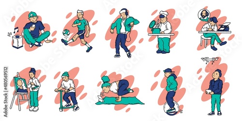 People with hobbies. Cartoon characters at home and outdoor with creative activity and handcraft, men and women enjoying cooking typewriting and drawing. Vector