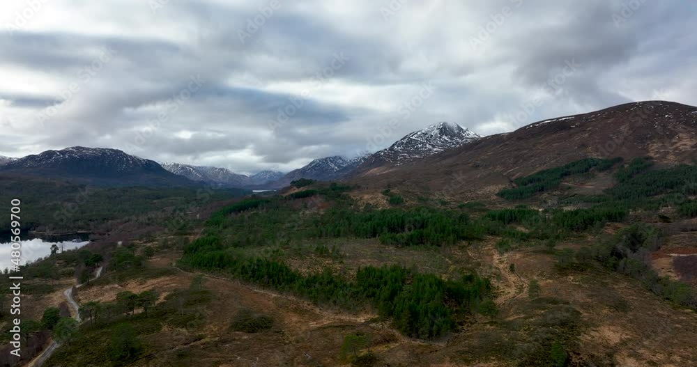 Aerial view of Glen Affric in the highlands of Scotland near Inverness and Canich showing the flat calm lochs amongst Munro mountains Aerial view of Glen Affric in the highlands of Scotland near Inverness and Canich showing the flat calm lochs amongst Munro mountains
