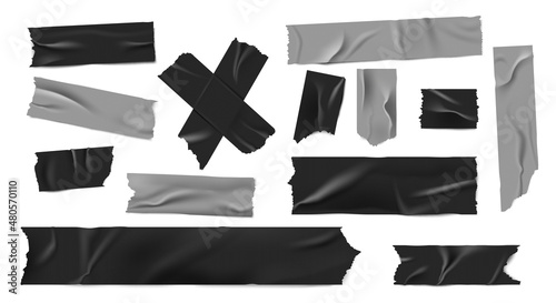 Duct tape. Realistic black and grey adhesive tape with fold and crease, torn strip pieces, crossed and overlapping sticky tape. Vector isolated set