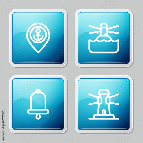 Set line Location with anchor, Lighthouse, Ship bell and icon. Vector