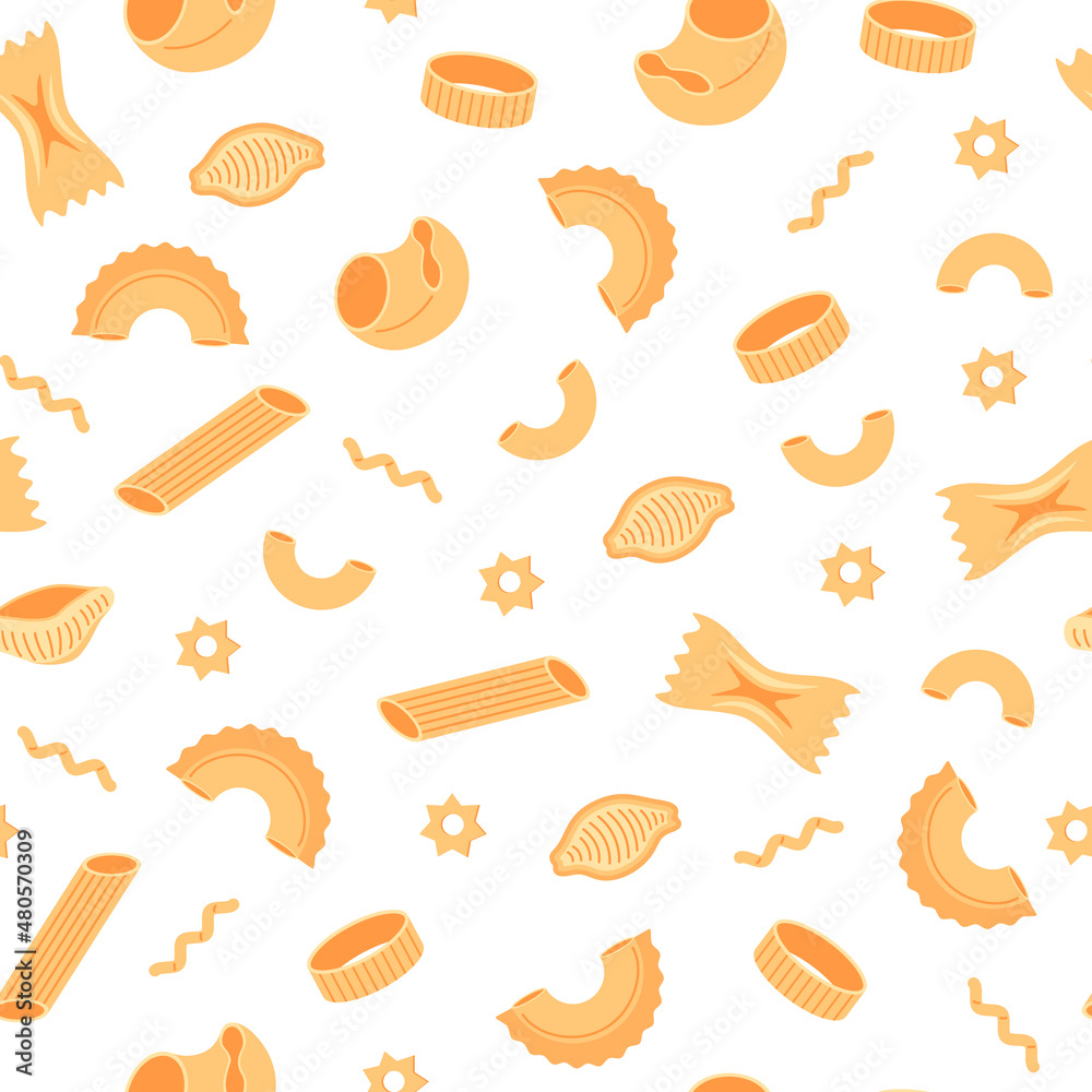 Pasta pattern. Seamless print with Italian wheat food, cartoon spaghetti. Vector texture
