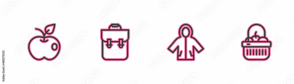 Set line Apple, Raincoat, School backpack and Basket and food icon. Vector Set line Apple, Raincoat, School backpack and Basket and food icon. Vector