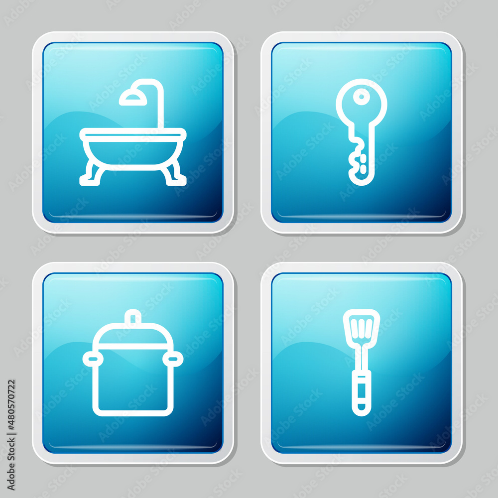 Set line Bathtub, House key, Cooking pot and Spatula icon. Vector Set line Bathtub, House key, Cooking pot and Spatula icon. Vector