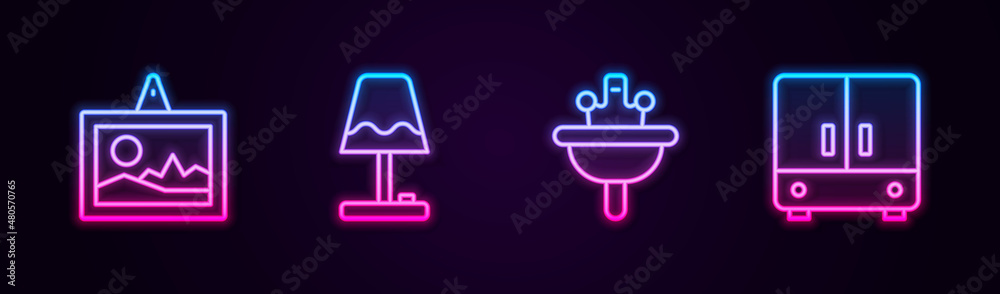 Set line Picture, Table lamp, Washbasin and Wardrobe. Glowing neon icon. Vector Set line Picture, Table lamp, Washbasin and Wardrobe. Glowing neon icon. Vector