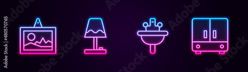 Set line Picture, Table lamp, Washbasin and Wardrobe. Glowing neon icon. Vector © vector_v