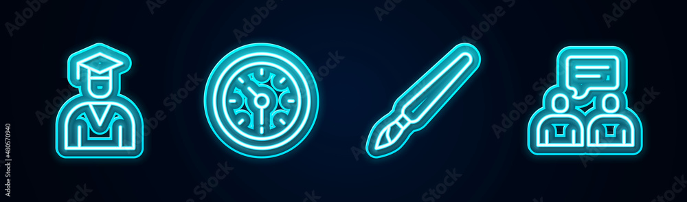 Set line Graduate and graduation cap, Clock, Paint brush and Two sitting men talking. Glowing neon icon. Vector Set line Graduate and graduation cap, Clock, Paint brush and Two sitting men talking. Glowing neon icon. Vector