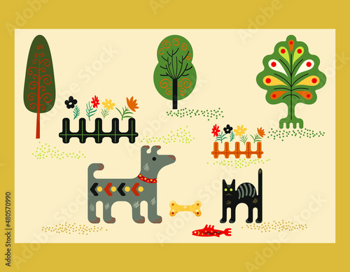 Stylized figurines of a dog and a cat with elements of rural life on a light background