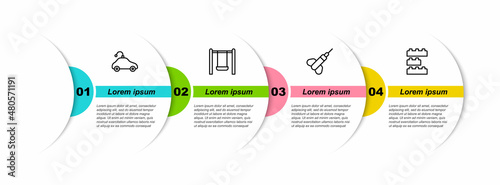 Set line Radio controlled car toy, Swing, Dart arrow and Toy building block bricks. Business infographic template. Vector