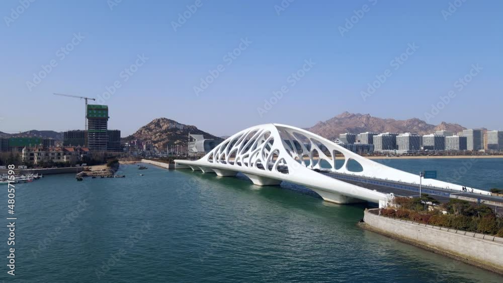 Aerial photography close-up of the Coral Shell Bridge on the west coast of Qingdao