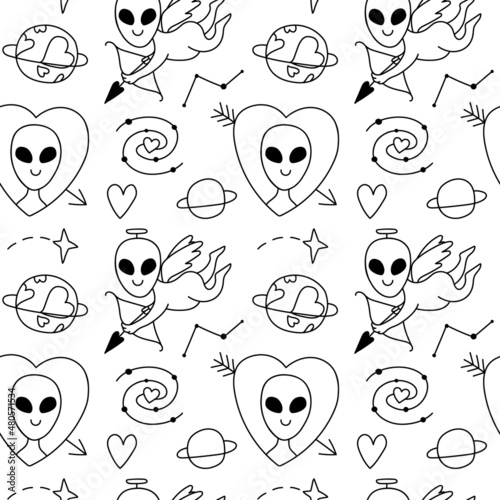 Seamless doodle pattern with aliens in love, cupid, space. Background with contour drawings of planets, hearts, love, humanoid. Creative romantic print