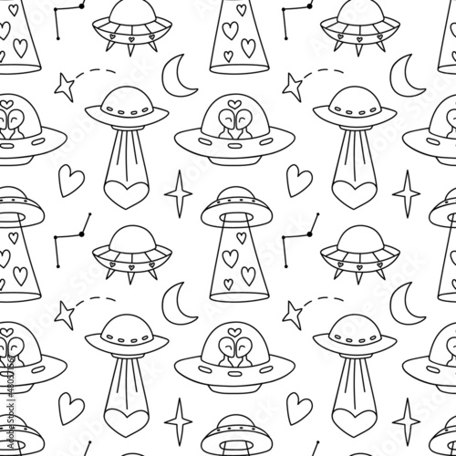Seamless doodle pattern with loving aliens, UFOs, space. Background with contour drawings of planets, stars, flying saucer, heart, love, comet, humanoid